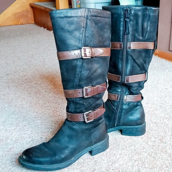 Miz Mooz Charmaine Black & Brown Leather Tall Buckles Boots Sz 7 (Eur 37) - Picture 4 of 16